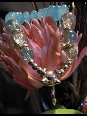 Blue Crystal Bead Bracelet with Silver Accents,  Hand Made By So Sassy So You